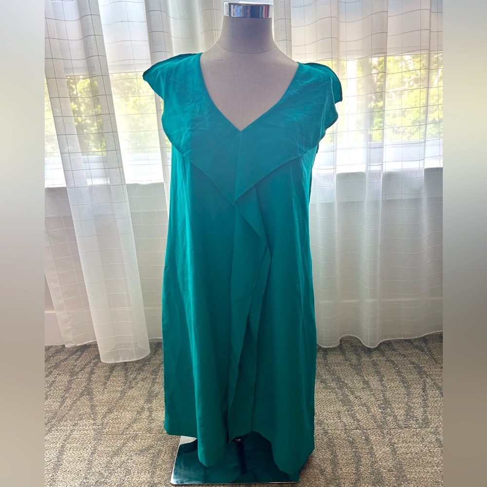 New York & Co Teal mini dress with ruffle lapel and center ruffle